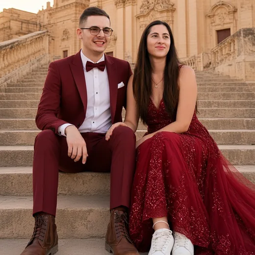 Jen and Axel sitting on stone steps